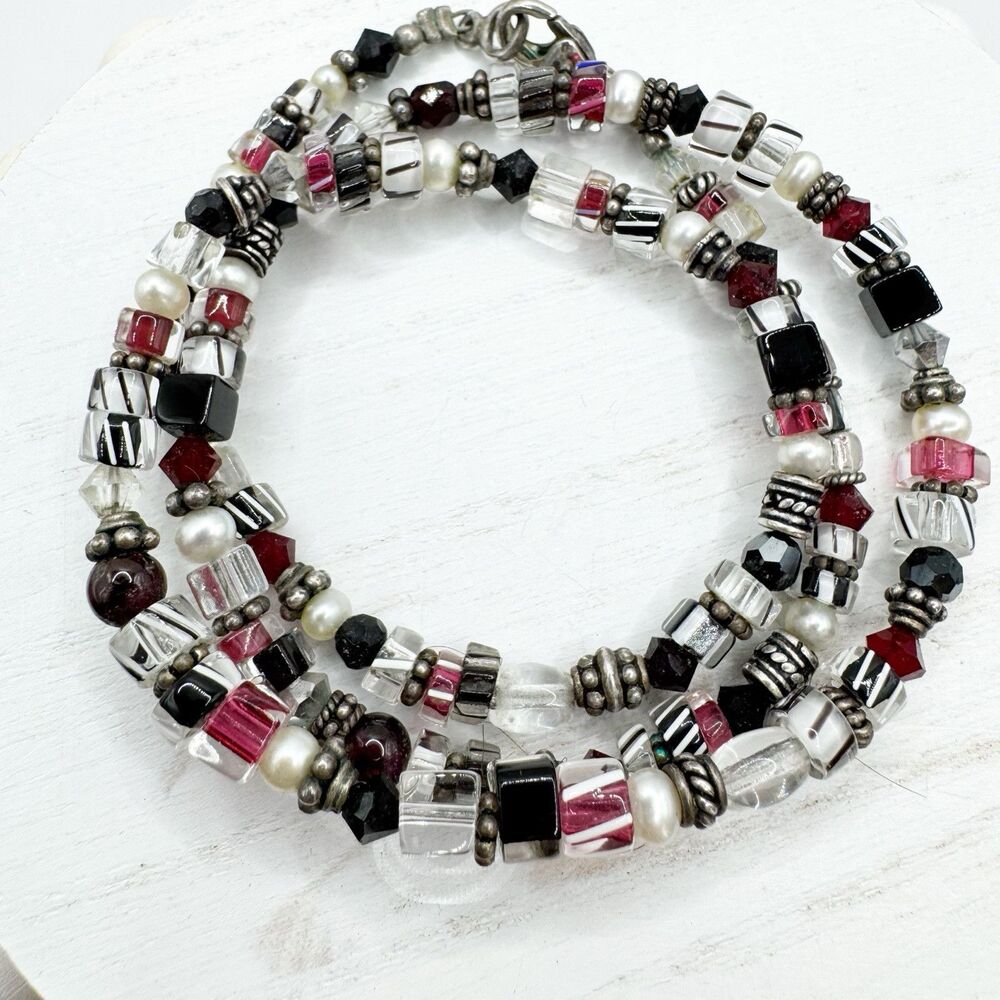 Vtg Striped Artisan Glass Pearl Bead Necklace Sterling Silver 18” Unique